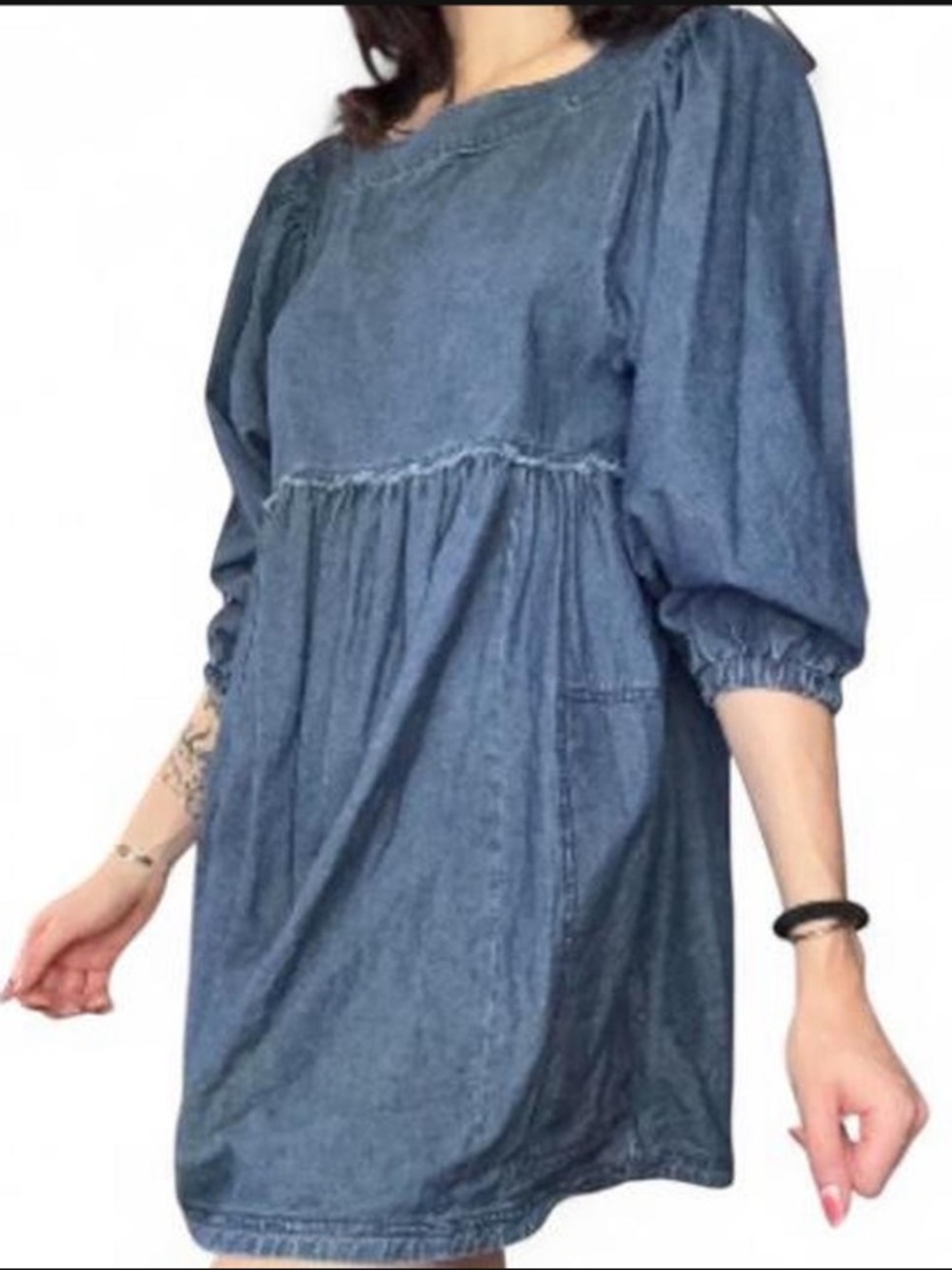 Free People Get Obsessed Denim Mini Dress Puff Sleeve Babydoll Dress - Picture 4 of 5